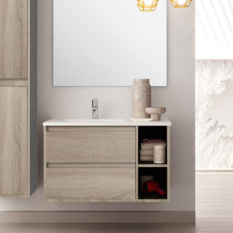 Meuble de salle de bain 80cm vasque déportée - 2 tiroirs et 2 niches - sans miroir - OLYMPE - Cambrian (chêne)