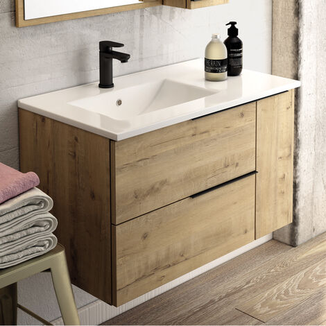 Meuble de salle de bain 80cm vasque déportée - 2 tiroirs - sans miroir - KING - Roble (chêne clair)