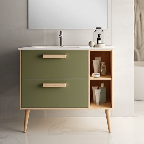 Meuble de salle de bain 80cm vasque déportée - 2 tiroirs - sans miroir - vert olive - MALIA