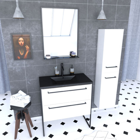 meuble de salle de bain 80x50 cm - 2 tiroirs blanc - vasque resine noir effet pierre + colonne