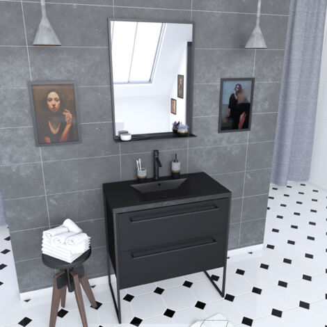 meuble de salle de bain 80x50 cm - 2 tiroirs noir mat - vasque résine noire effet pierre + miroir