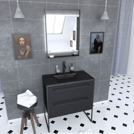 meuble de salle de bain 80x50 cm - 2 tiroirs noir mat - vasque résine noire effet pierre + miroir