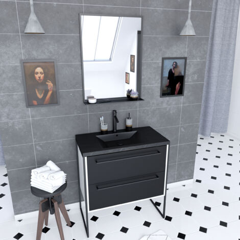 meuble de salle de bain 80x50 cm blanc - 2 tiroirs noir mat - vasque noire effet pierre - miroir