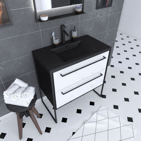 meuble de salle de bain 80x50 cm noir mat - 2 tiroirs blanc - vasque résine noire effet pierre