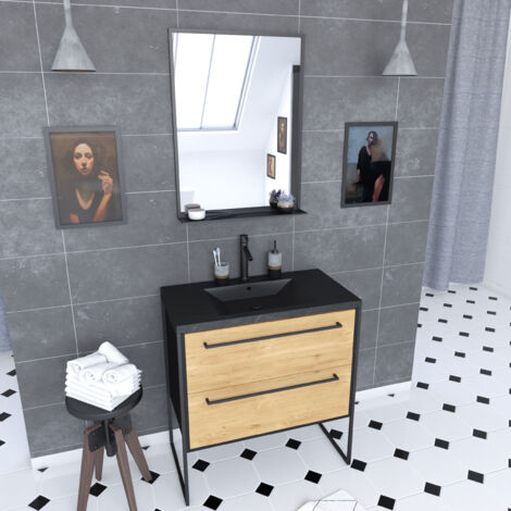meuble de salle de bain 80x50 cm noir mat - 2 tiroirs - vasque résine noire effet pierre + miroir