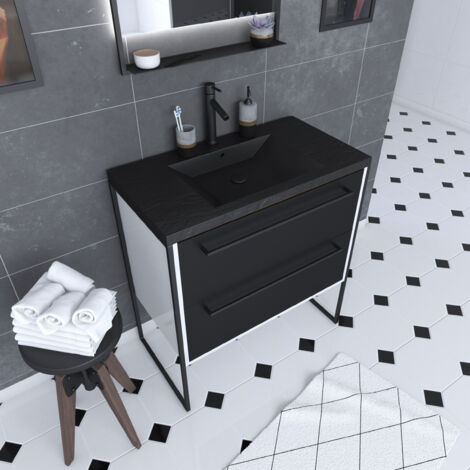 meuble de salle de bain 80x50cm blanc - 2 tiroirs noir mat - vasque resine noire effet pierre