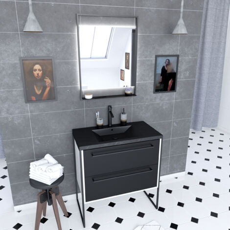 meuble de salle de bain 80x50cm blanc - 2 tiroirs - vasque resine noire effet pierre - miroir led