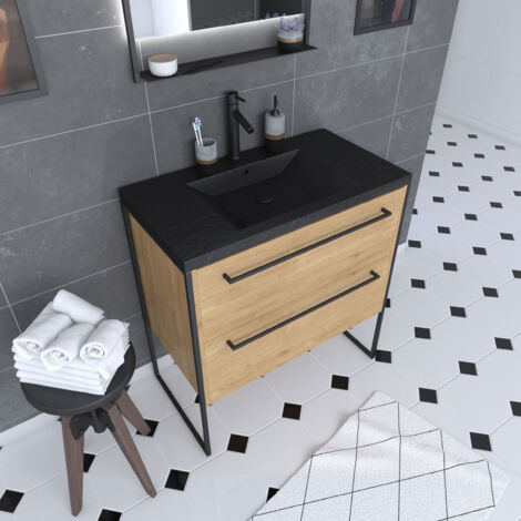 meuble de salle de bain 80x50cm chêne brun - 2 tiroirs chêne brun- vasque résine noire effet pierre