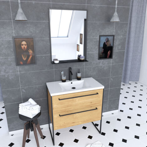 meuble de salle de bain 80x50cm - vasque blanche - 2 tiroirs finition chêne naturel + miroir