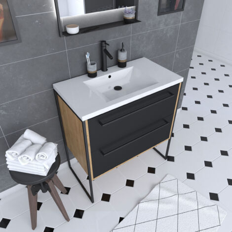 meuble de salle de bain 80x50cm - vasque blanche 80x50cm - 2 tiroirs noir mat