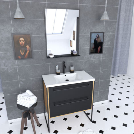 meuble de salle de bain 80x50cm - vasque blanche 80x50cm - 2 tiroirs noir mat + miroir