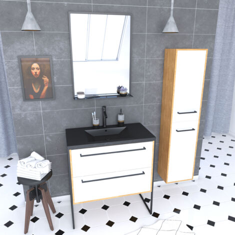 meuble de salle de bain 80x50cm - vasque noir effet pierre 80x50cm - 2 tiroirs - colonne - miroir