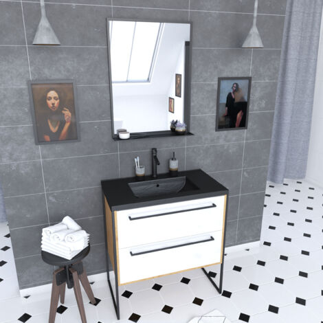 meuble de salle de bain 80x50cm - vasque noir effet pierre 80x50cm - 2 tiroirs + miroir