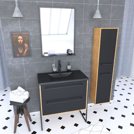 meuble de salle de bain 80x50cm - vasque noir effet pierre -tiroirs noir mat + colonne + mirroir