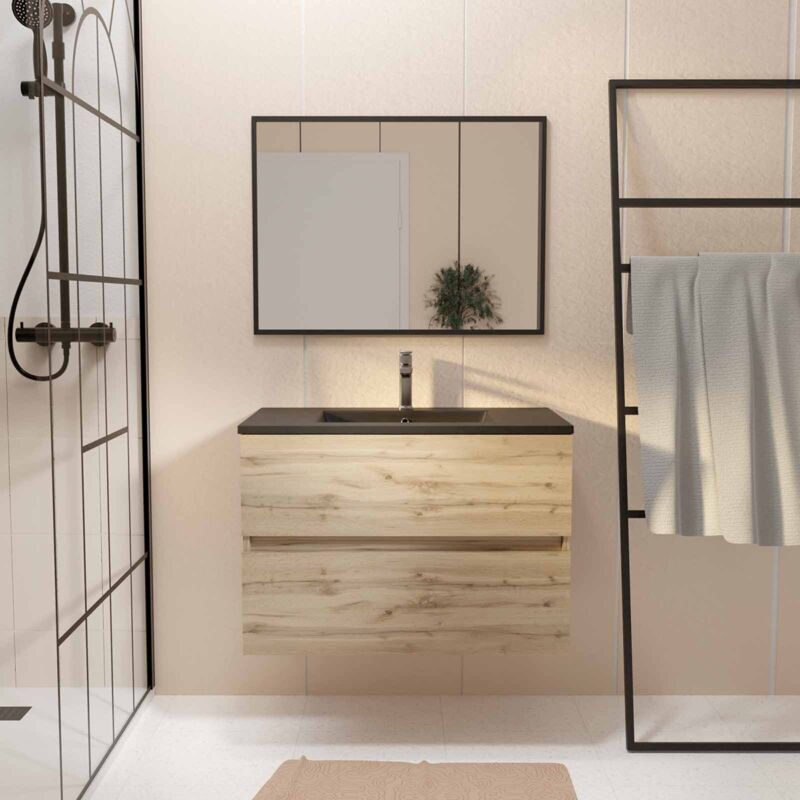 Pack Meuble SDB 80cm suspendu 2 tiroirs CheneVasque noire + Miroir - TIMBER 80