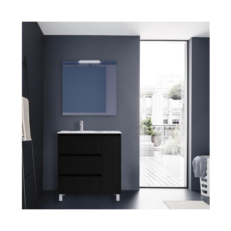 Meuble de salle de bain autoportant en bois noir satiné 85 cm avec vasque en porcelaine - Nova - Avec colonne