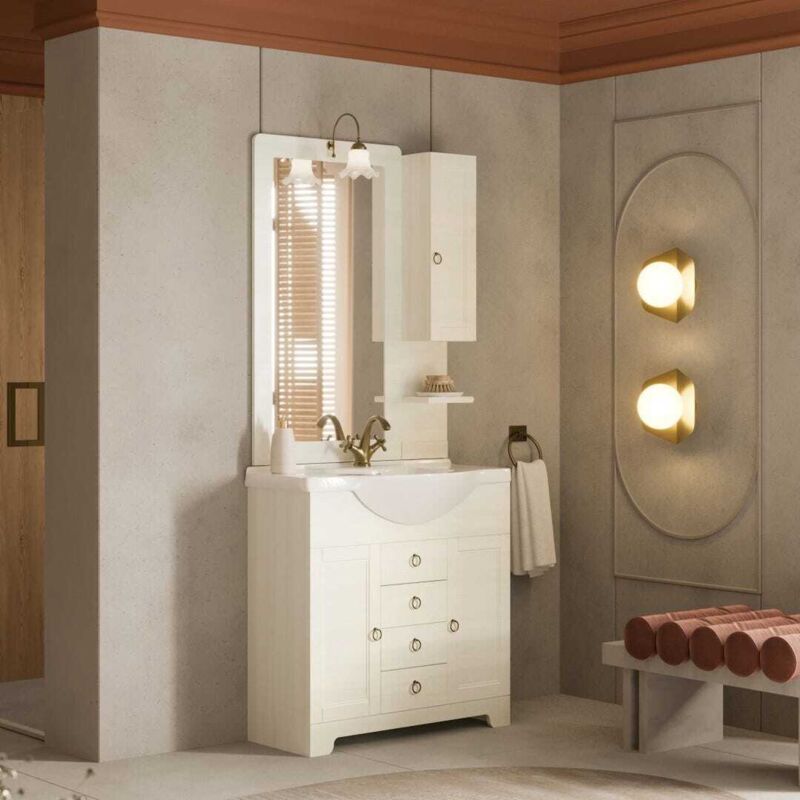 Kiamami Valentina - Meuble De Salle De Bain 85Cm Blanc Décapé Avec Miroir Et Suspendu Toscana