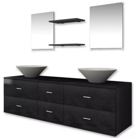 Meuble de salle de bain 9 pièces bois laqué noir Val