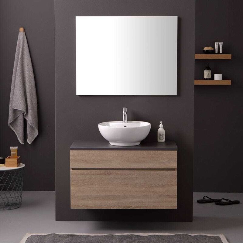 Kiamami Valentina - Meuble De Salle De Bain 90Cm Avec Plan En Ardoise Pour Lavabo D'appui En Céramique Sole