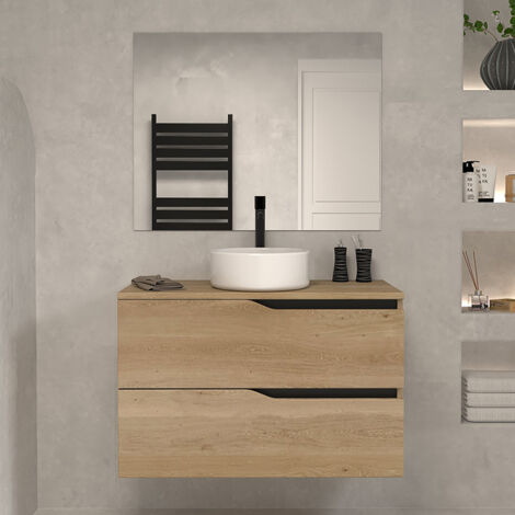Meuble de salle de bain 90cm avec plateau et vasque à poser - 2 tiroirs - madera miel (chêne clair) - LUNA