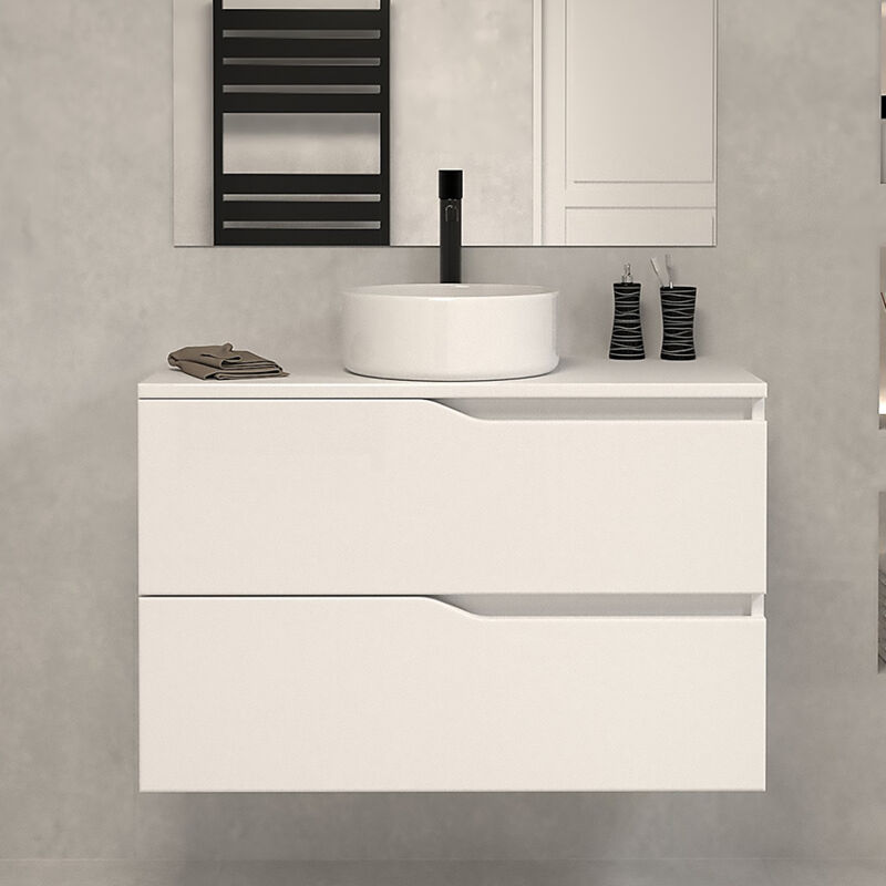 Cosyneo - Meuble de salle de bain 90cm avec plateau et vasque à poser - 2 tiroirs - sans miroir - blanc - luna