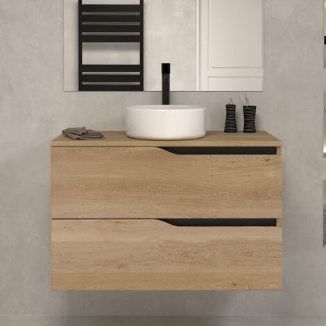 Meuble de salle de bain 90cm avec plateau et vasque à poser - 2 tiroirs - sans miroir - madera miel (chêne clair) - LUNA