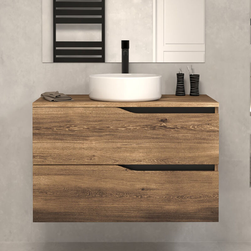 Cosyneo - Meuble de salle de bain 90cm avec plateau et vasque à poser - 2 tiroirs - sans miroir - tabaco (chêne foncé) - luna