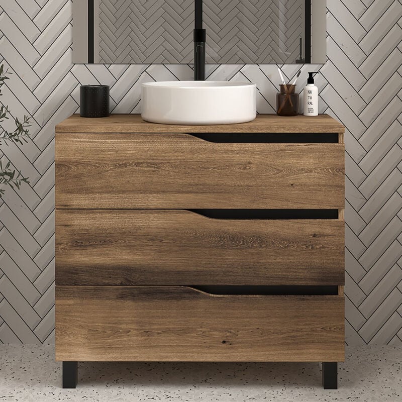 Meuble de salle de bain 90cm avec plateau et vasque à poser - 3 tiroirs - sans miroir - tabaco (chêne foncé) - mata