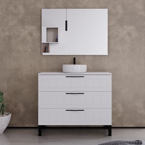 Meuble de salle de bain 90cm avec plateau et vasque à poser ronde - 3 tiroirs - blanc - CALA