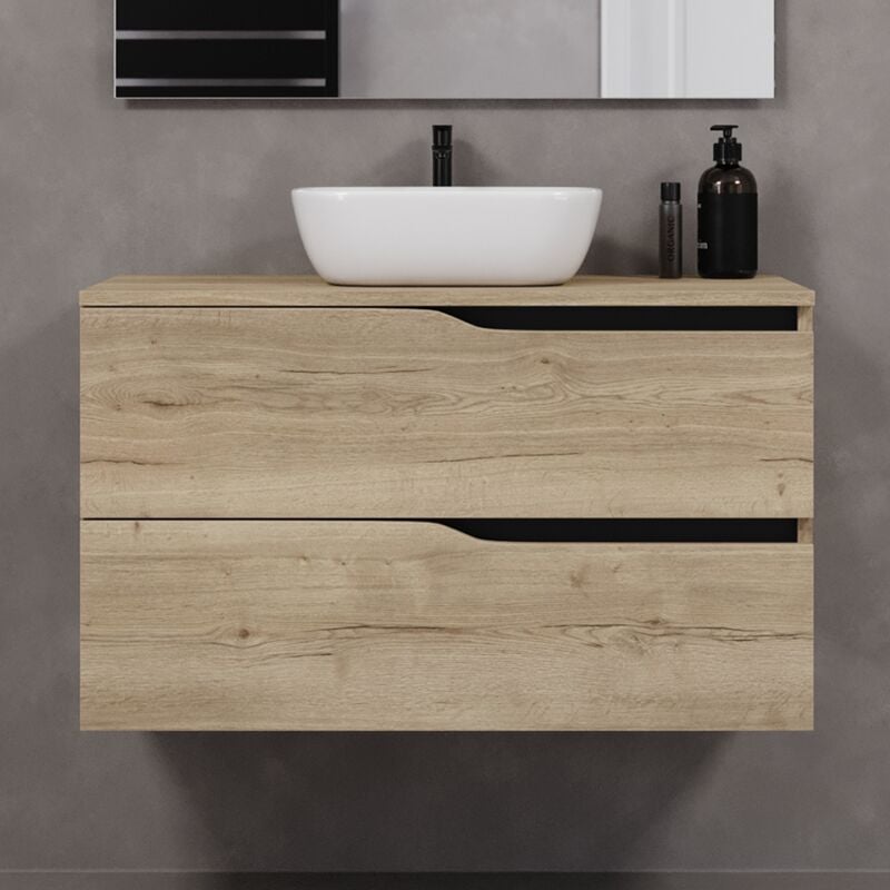 Meuble de salle de bain 90cm avec plateau et vasque à poser zeus - 2 tiroirs - sans miroir - madera miel (chêne clair) - luna