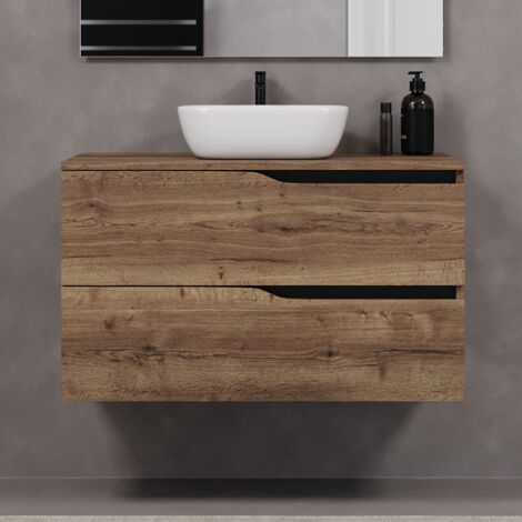 Meuble de salle de bain 90cm avec plateau et vasque à poser zeus - 2 tiroirs - sans miroir - tabaco (chêne foncé) - LUNA