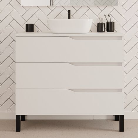 Meuble de salle de bain 90cm avec plateau et vasque à poser zeus - 3 tiroirs - blanc - MATA