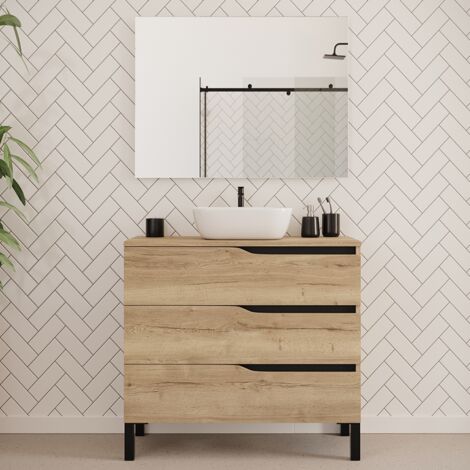 Meuble de salle de bain 90cm avec plateau et vasque à poser zeus - 3 tiroirs - madera miel (chêne clair) - MATA