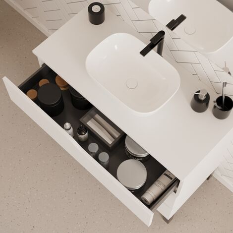 Meuble de salle de bain 90cm avec plateau et vasque à poser zeus - 3 tiroirs - sans miroir - blanc - MATA