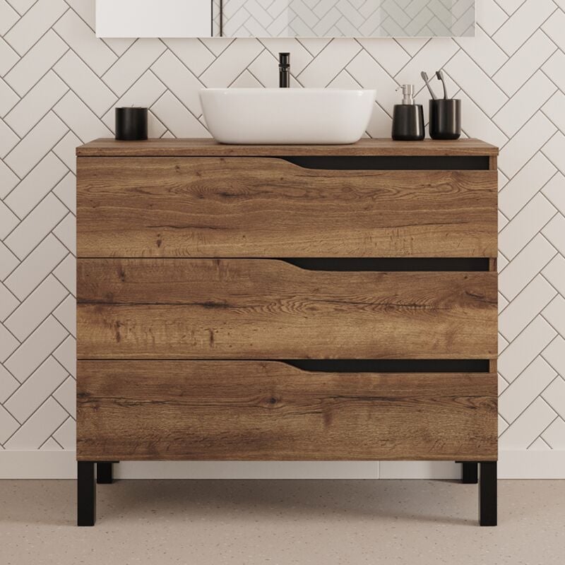 Cosyneo - Meuble de salle de bain 90cm avec plateau et vasque à poser zeus - 3 tiroirs - sans miroir - tabaco (chêne foncé) - mata