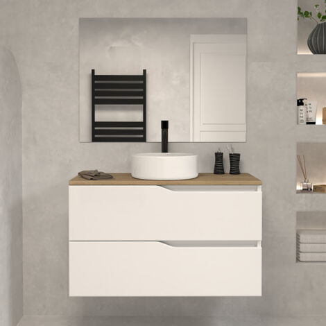Meuble de salle de bain 90cm avec plateau miel et vasque à poser - 2 tiroirs - blanc - LUNA