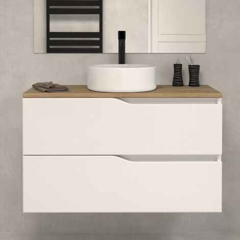 Meuble de salle de bain 90cm avec plateau miel et vasque à poser - 2 tiroirs - sans miroir - blanc - LUNA