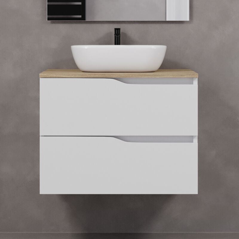 Cosyneo - Meuble de salle de bain 90cm avec plateau miel et vasque à poser zeus - 2 tiroirs - sans miroir - blanc - luna
