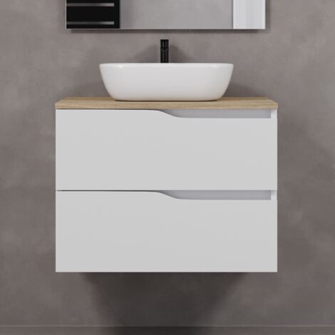 Meuble de salle de bain 90cm avec plateau miel et vasque à poser zeus - 2 tiroirs - sans miroir - blanc - LUNA