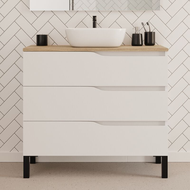 Cosyneo - Meuble de salle de bain 90cm avec plateau miel et vasque à poser zeus - 3 tiroirs - sans miroir - blanc - mata