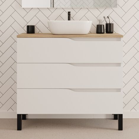 Meuble de salle de bain 90cm avec plateau miel et vasque à poser zeus - 3 tiroirs - sans miroir - blanc - MATA
