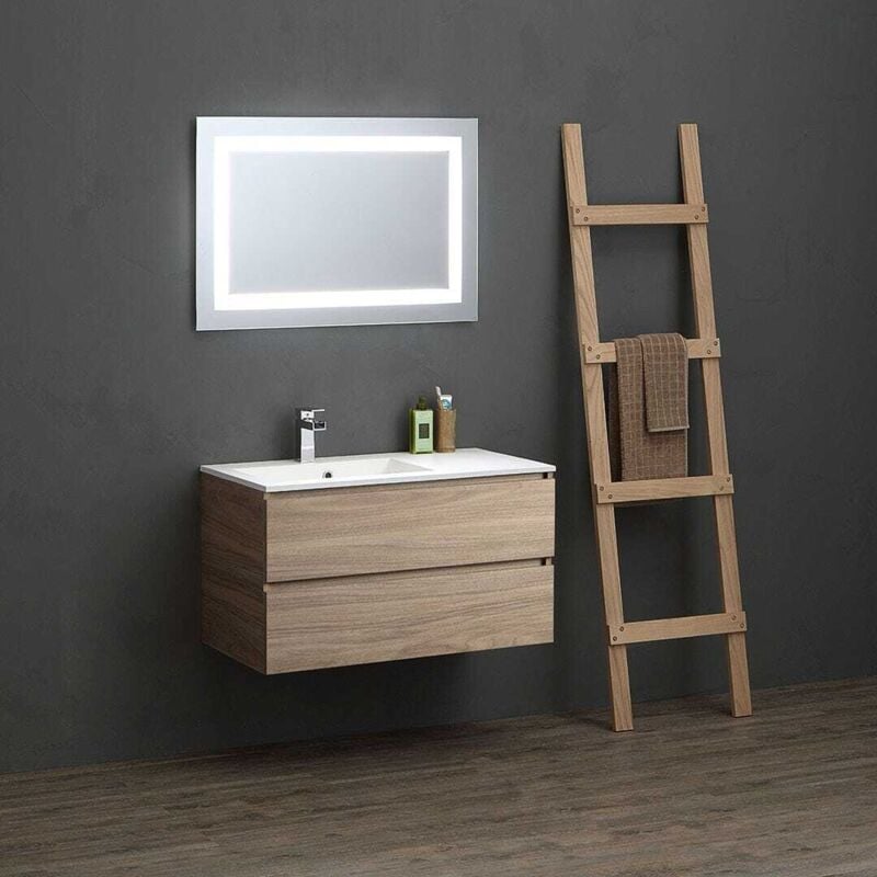 Kiamami Valentina - Meuble De Salle De Bain 90Cm En Chêne Avec Vasque Asymétrique Et Miroir Led Valentina