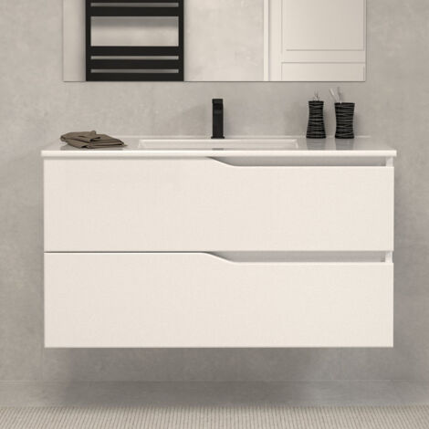 Meuble de salle de bain 90cm simple vasque - 2 tiroirs - sans miroir - blanc - LUNA