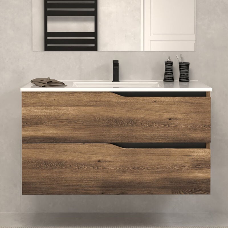 Cosyneo - Meuble de salle de bain 90cm simple vasque - 2 tiroirs - sans miroir - tabacco (chêne foncé) - luna