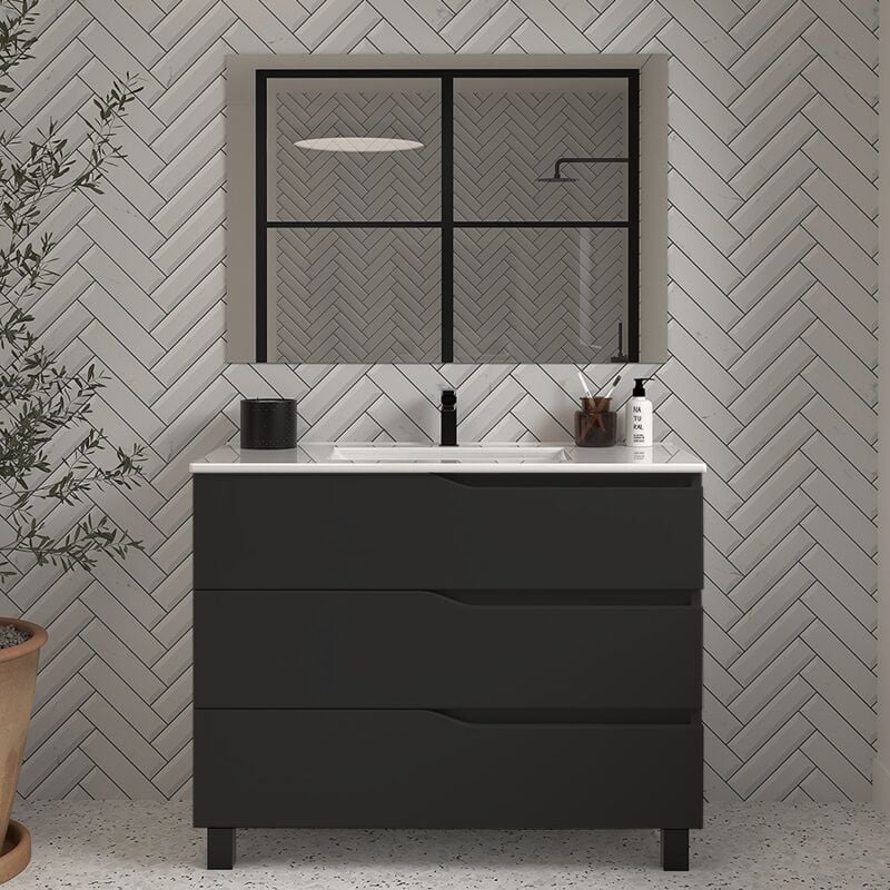 Cosyneo - Meuble de salle de bain 90cm simple vasque - 3 tiroirs - noir - mata