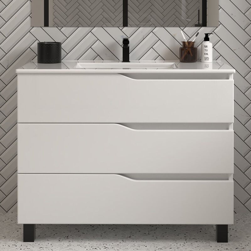Cosyneo - Meuble de salle de bain 90cm simple vasque - 3 tiroirs - sans miroir - blanc - mata