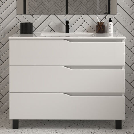 Cosyneo – Meuble de salle de bain 90cm simple vasque – 3 tiroirs – blanc mat – construction robuste en panneaux mélaminés – fermeture douce Hettich