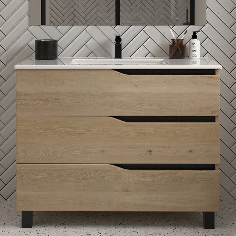 Cosyneo - Meuble de salle de bain 90cm simple vasque - 3 tiroirs - sans miroir - madera miel (chêne clair) - mata