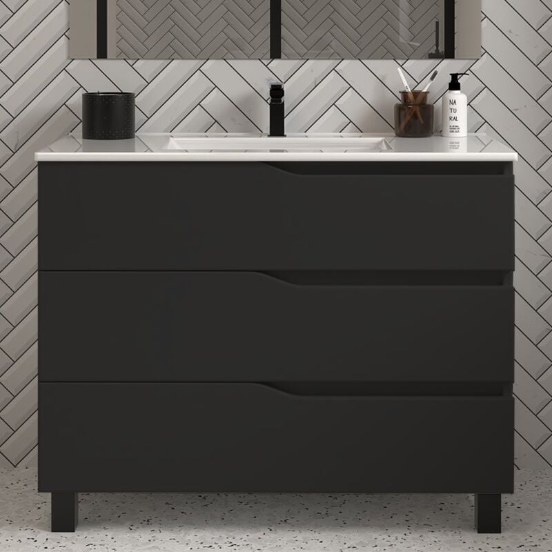 Meuble de salle de bain 90cm simple vasque - 3 tiroirs - sans miroir - noir - mata