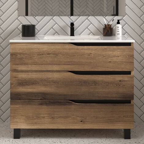 Meuble de salle de bain 90cm simple vasque - 3 tiroirs - sans miroir - tabaco (chêne foncé) - MATA